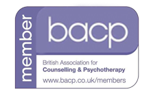 About Me. British Association of Counselling & Psychotherapy member badge bearing the letters bacp. Purple on a white background.